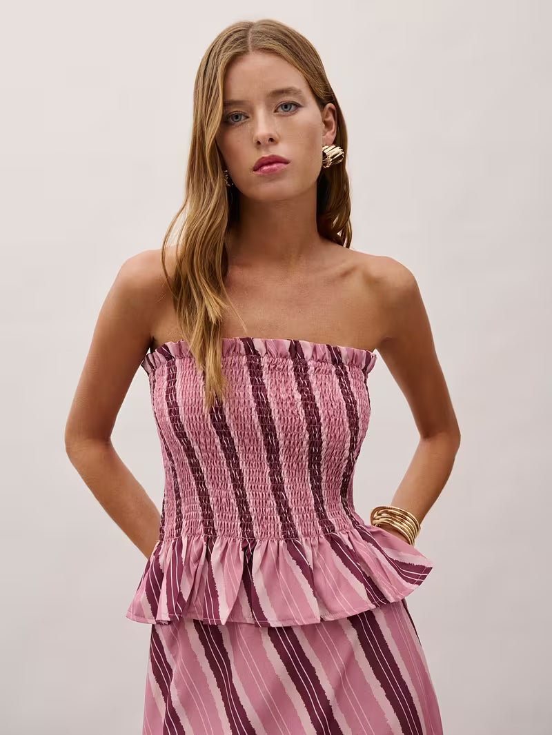 Women's Striped Bandeau Top and Skirt Set, 2pcs Outfit