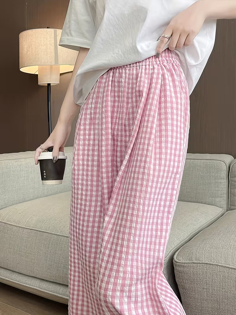 Women's High-Waisted Casual Checkered Pants - Lightweight Loose-Fit Drapey Wide-Leg Trousers with Contrast Color Block Design