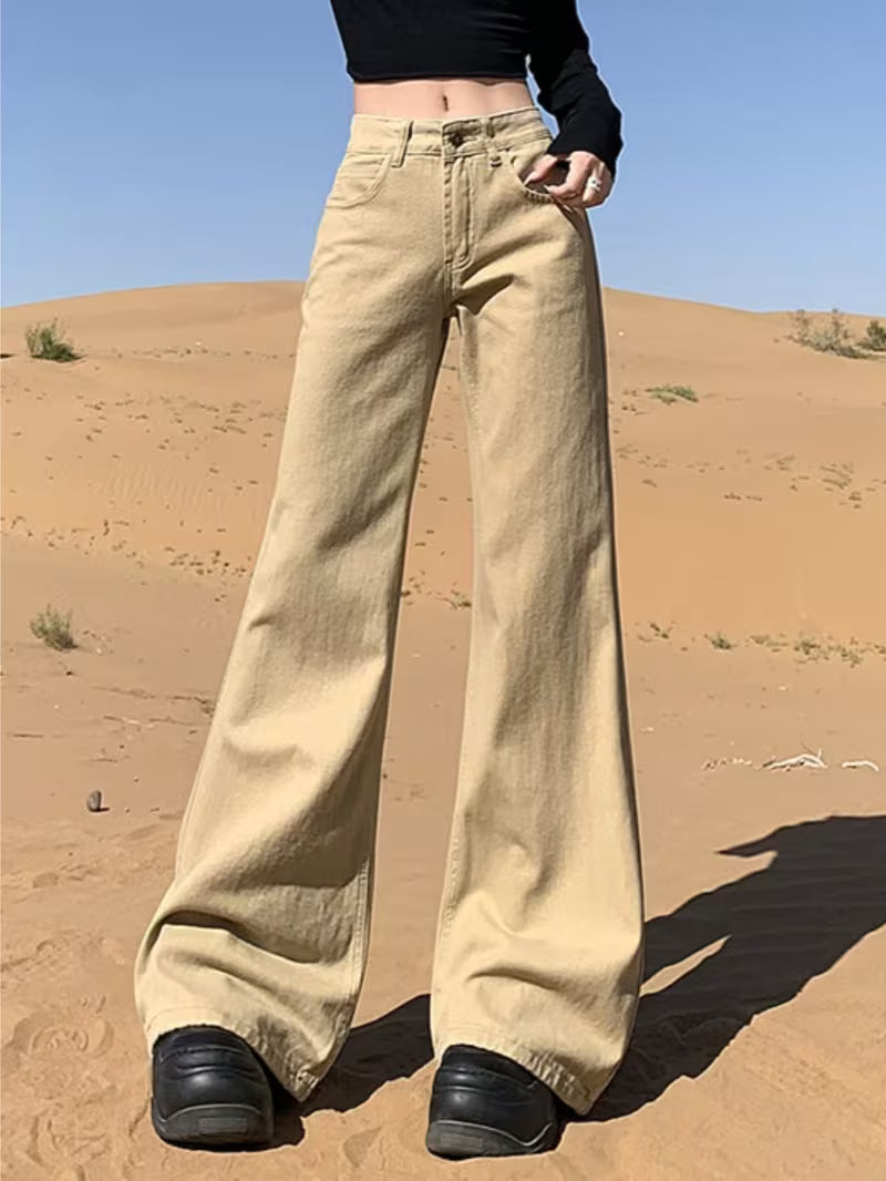 Women'S Khaki Slightly Flared Denim Pants, Spring & Summer New, American Retro Low Waist Loose Slim-Fit Non-Clinging Floor-Length Bell Bottoms