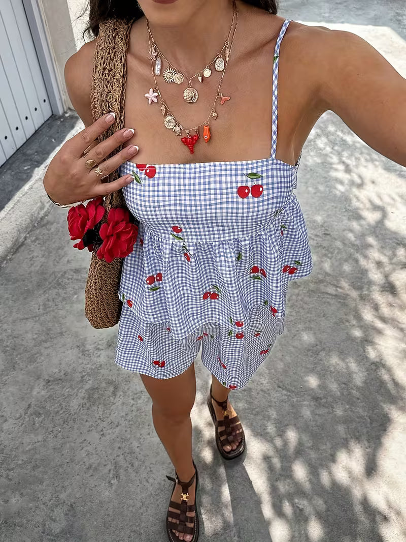 2pcs Women'S Plaid Cherry Print Ruched Cami And Short Set