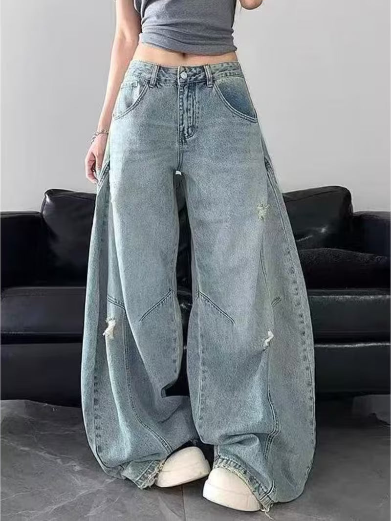 American Retro Ripped Wide Leg Jeans for Women in Spring And Autumn, High Waist, Loose Fit, And Drooping Curved Knife Pants