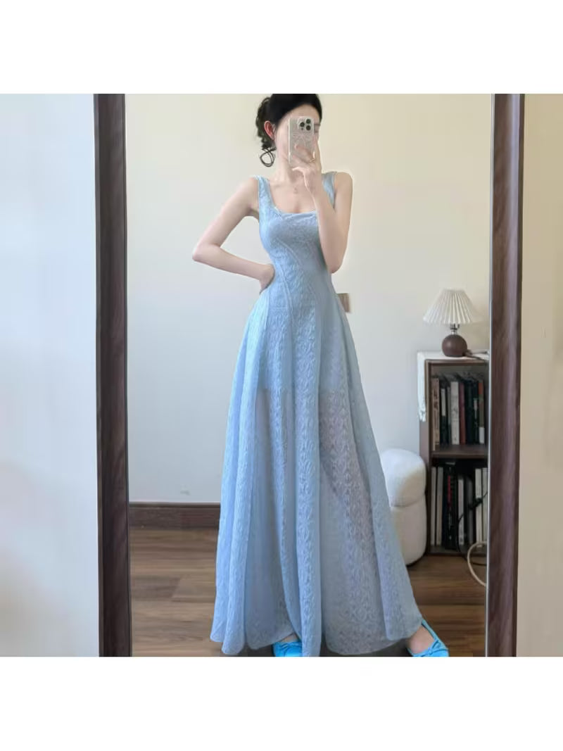 Square Neck Gentle Style Camisole Dress for Women, Summer Seaside Vacation, And Elegant, Suitable for Petite Figures, Mid-Length Dress