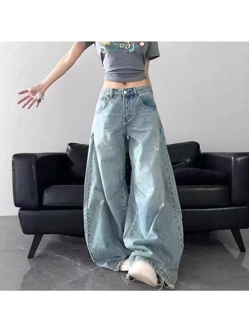American Retro Ripped Wide Leg Jeans for Women in Spring And Autumn, High Waist, Loose Fit, And Drooping Curved Knife Pants