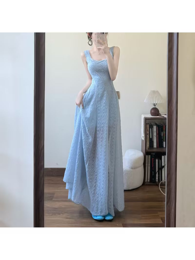 Square Neck Gentle Style Camisole Dress for Women, Summer Seaside Vacation, And Elegant, Suitable for Petite Figures, Mid-Length Dress