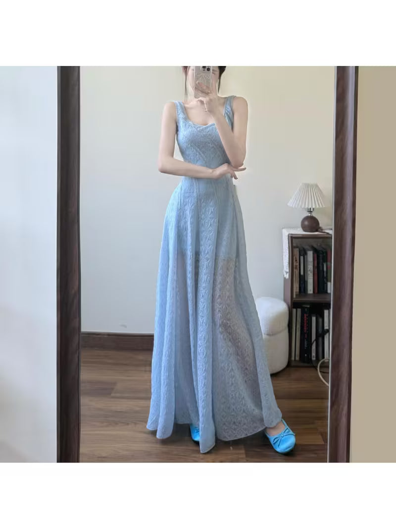 Square Neck Gentle Style Camisole Dress for Women, Summer Seaside Vacation, And Elegant, Suitable for Petite Figures, Mid-Length Dress