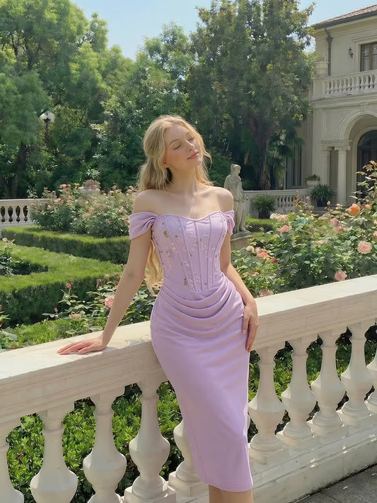 French Off-Shoulder Floral Embroidery Waist-Cinching Summer Tapered Ruched Butt-Lifting Mid-Length Dress