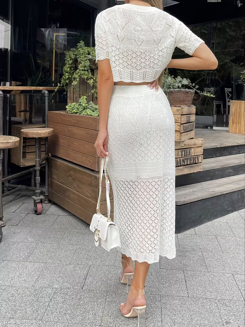 Women'S Short-Sleeved High-Waisted Hip-Hugging Slim-Fit Temperament Gentle Sweet Skirt Two-Piece Set