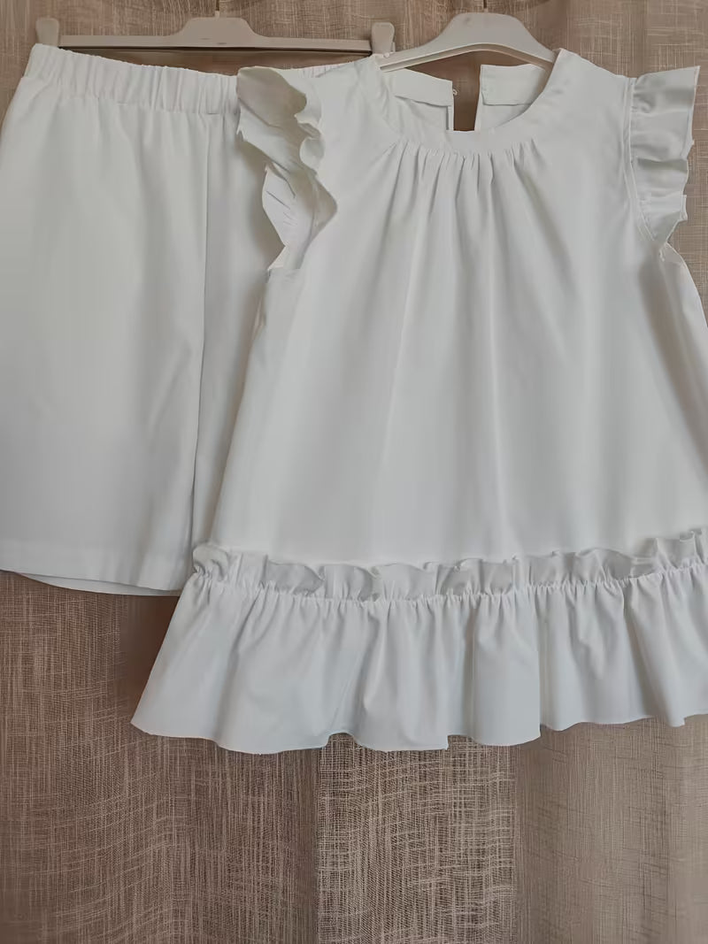Women's White 2pcs Set - Ruffled Sleeveless Loose Top And High-Waist Shorts, Casual Flowy Summer Outfit