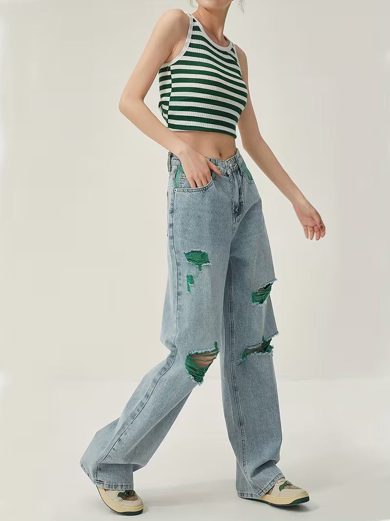 Vintage Straight-Leg Jeans for Women, Featuring Distressed Green Long Pants with Holes, a Half-Elastic Waistband, Embodying Street Style