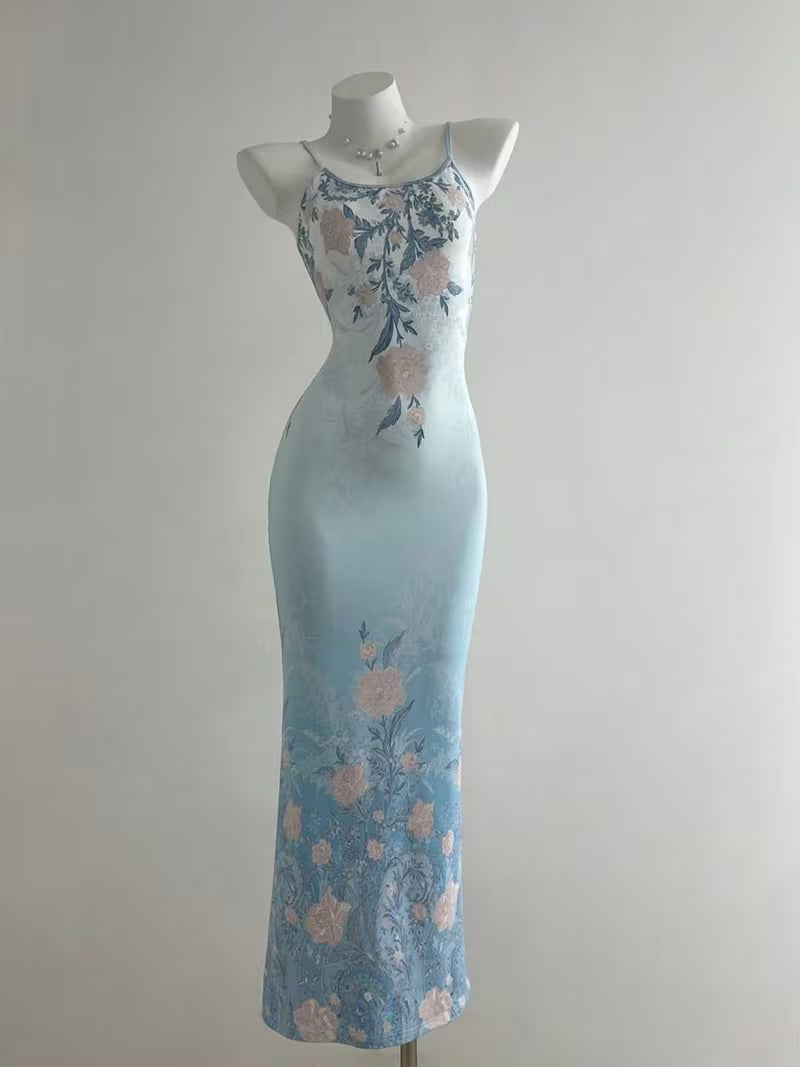 Spring and Summer Women'S Elegant Printed Halter Dress