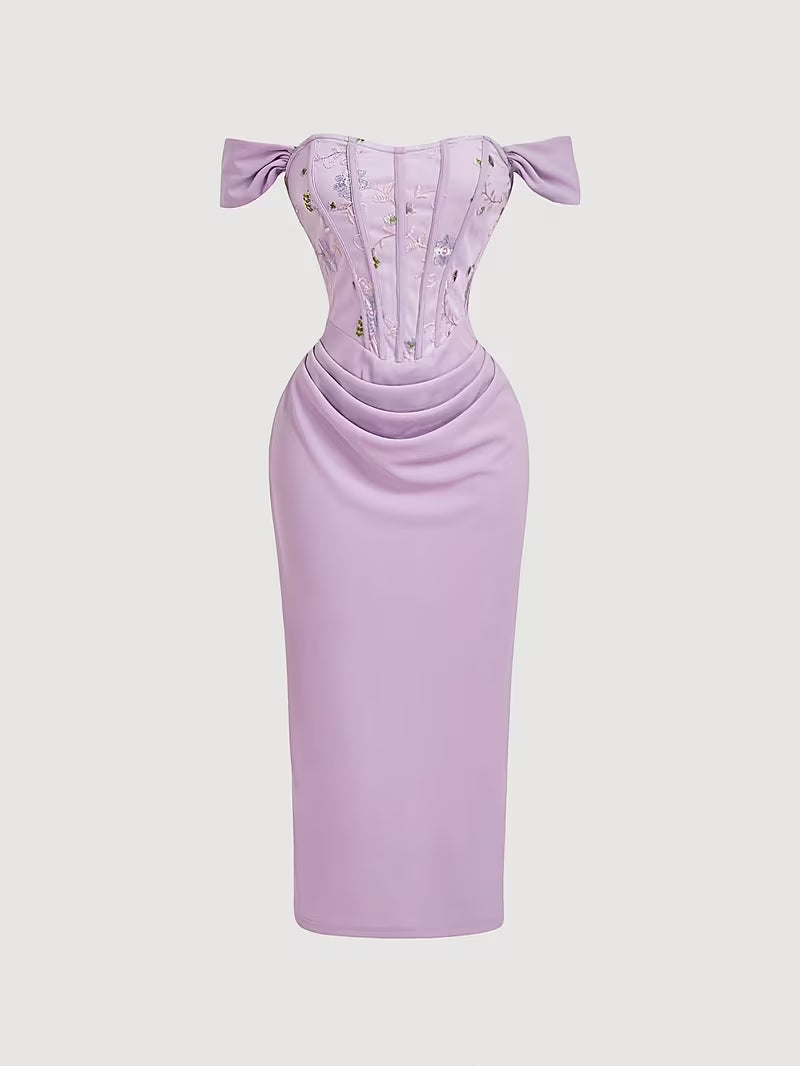 French Off-Shoulder Floral Embroidery Waist-Cinching Summer Tapered Ruched Butt-Lifting Mid-Length Dress