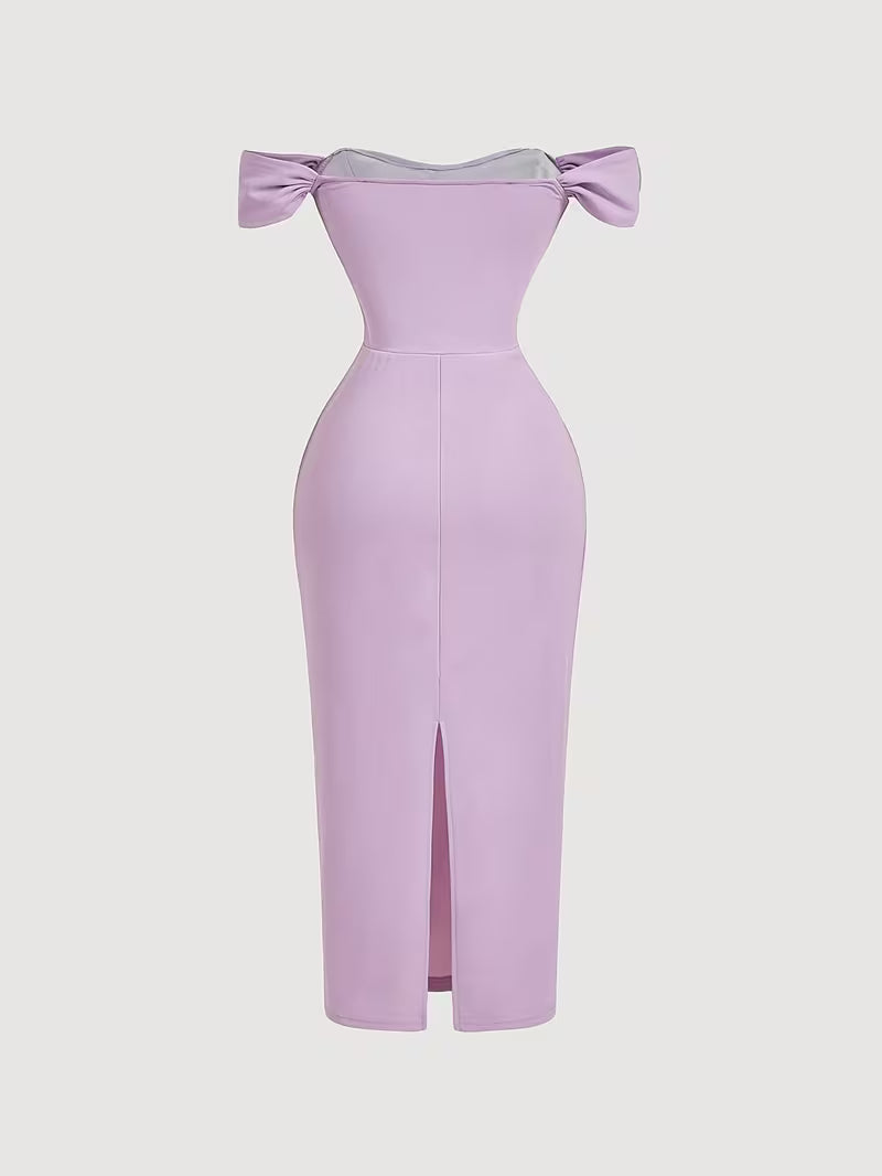 French Off-Shoulder Floral Embroidery Waist-Cinching Summer Tapered Ruched Butt-Lifting Mid-Length Dress