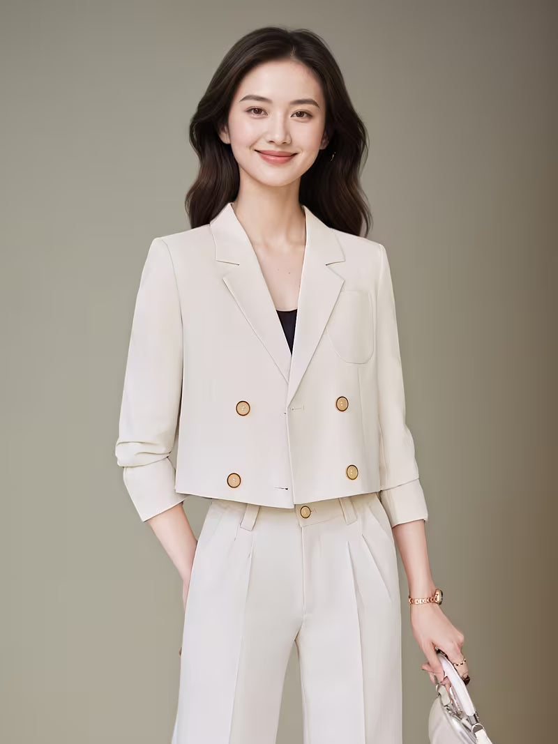 Elegant Short Double-Breasted Blazer and Pants Set for Women, Fashionable Notch Lapel Suit