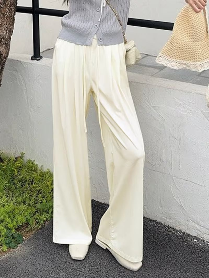 Women's Tencel Washed Denim Pants for Spring Summer - High Waist Straight Leg Jeans, Smooth Lightweight Narrow Wide Leg Trousers, Casual Daily Bottoms with Flowy Draped Fit