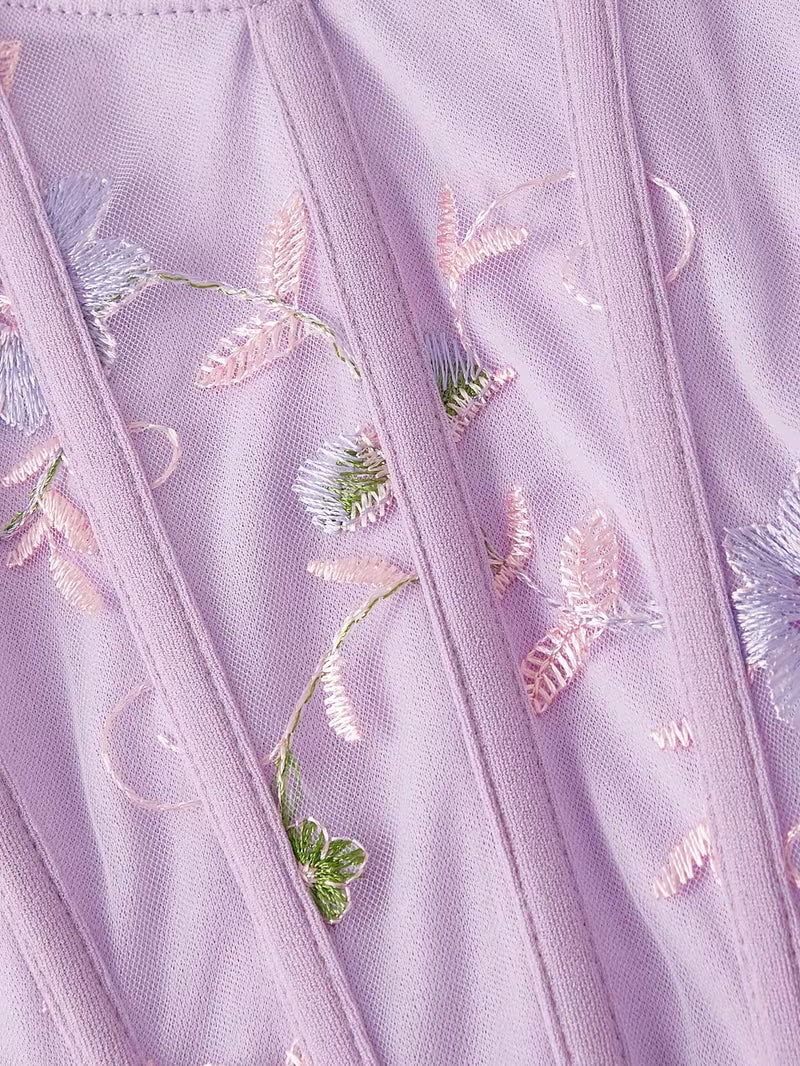French Off-Shoulder Floral Embroidery Waist-Cinching Summer Tapered Ruched Butt-Lifting Mid-Length Dress