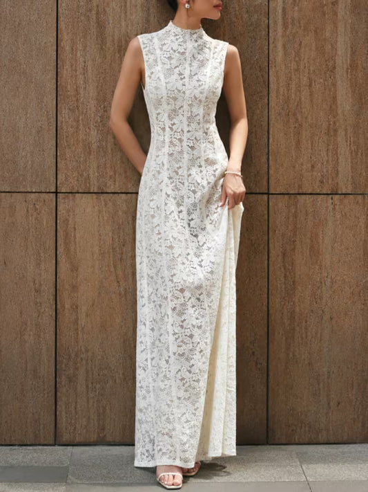 Women'S White Lace Patchwork Sleeveless Dress, Spring/Summer High Neck Slim Long A-Line Elegant Evening Gown