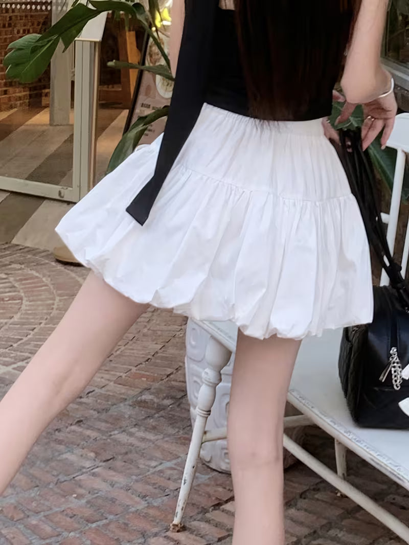 In-stock Designer Bow-Tie Strap Bud Pleat Fluffy Cake Skirt, Summer Korean-Style Ballet-Inspired Elastic Waist Loose-Fit Versatile Anti-See-Through White Lantern Skort