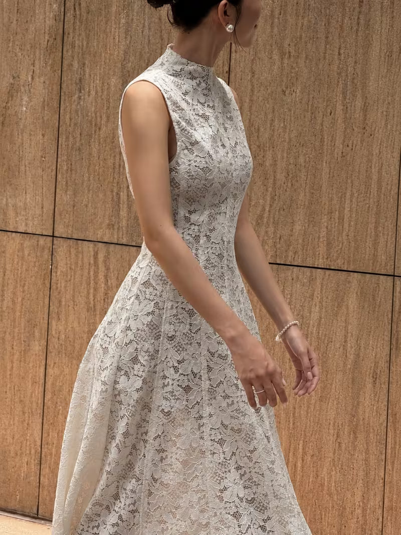 Women'S White Lace Patchwork Sleeveless Dress, Spring/Summer High Neck Slim Long A-Line Elegant Evening Gown