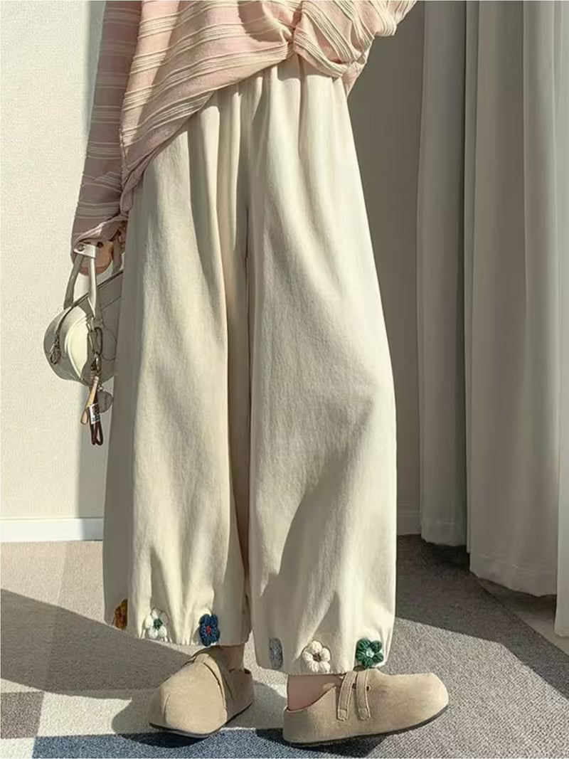New Style Fairy-Like Draping Bloomers with Hook Embroidery, Long Pants for Ladies, Fashionable Casual Trousers, High-Waisted, Loose And Wide-Leg Pants