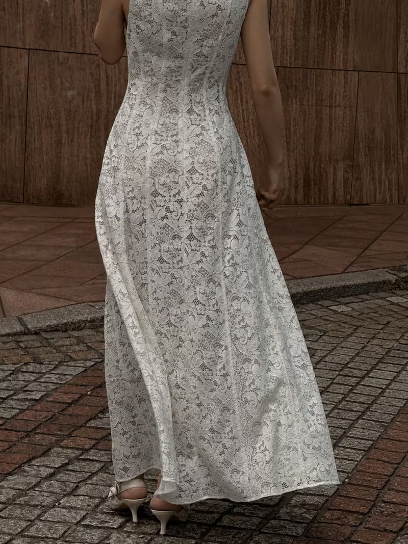 Women'S White Lace Patchwork Sleeveless Dress, Spring/Summer High Neck Slim Long A-Line Elegant Evening Gown