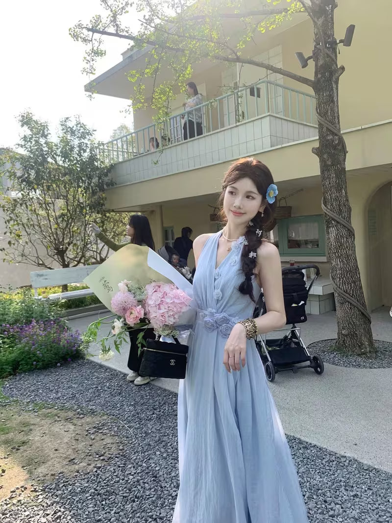 New French-Style Halter Neck Fairy Dress with 3D Flowers And Multi-Panel Design, Vacation Dress for Women