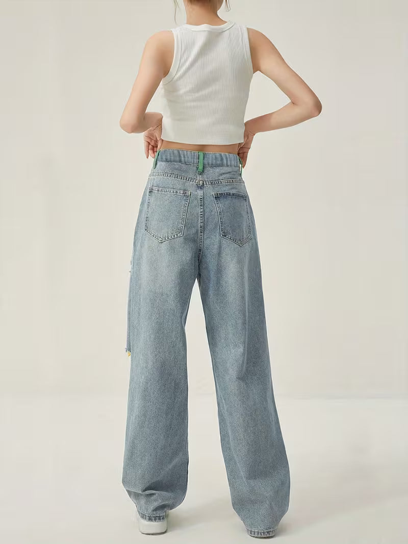Vintage Straight-Leg Jeans for Women, Featuring Distressed Green Long Pants with Holes, a Half-Elastic Waistband, Embodying Street Style