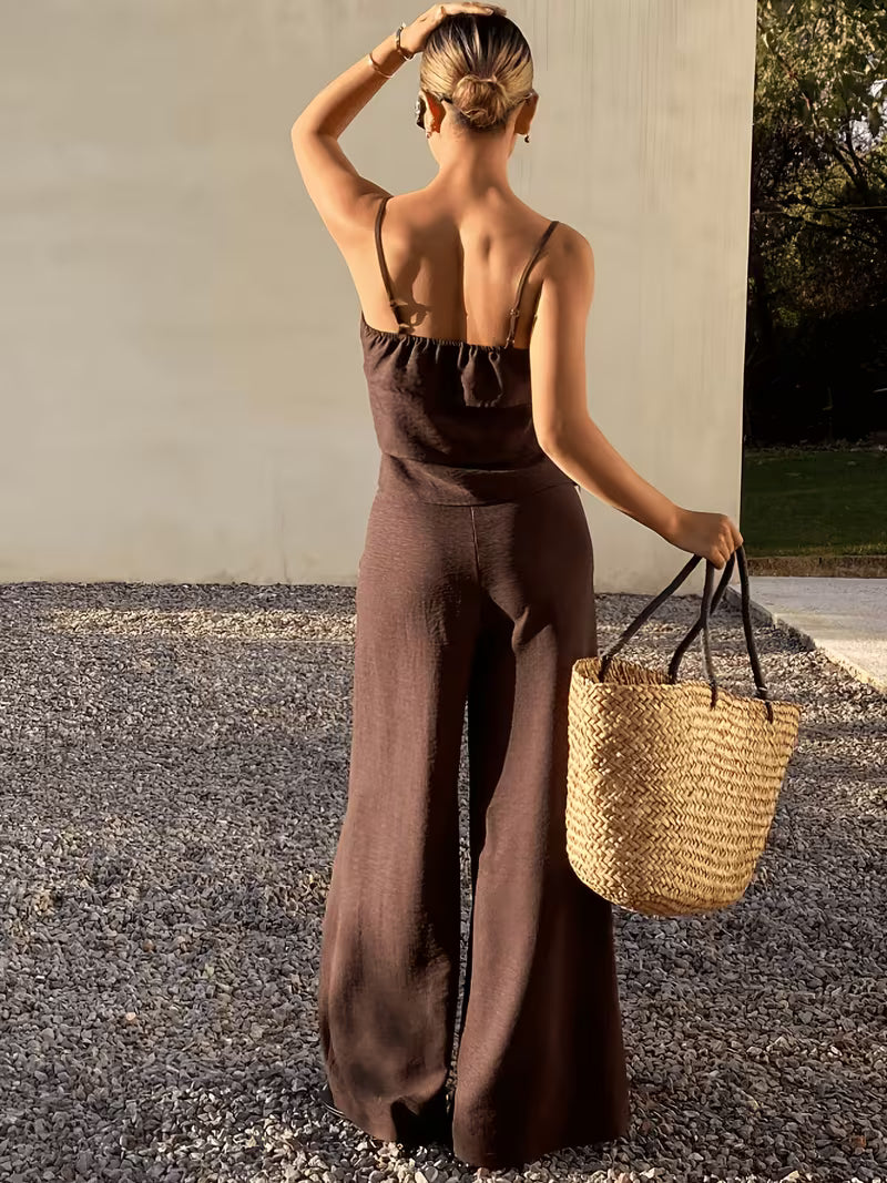 Women's Elegant Maillard Style Brown Crop Top with Straps and High-Waist Wide-Leg Pants 2pcs Set