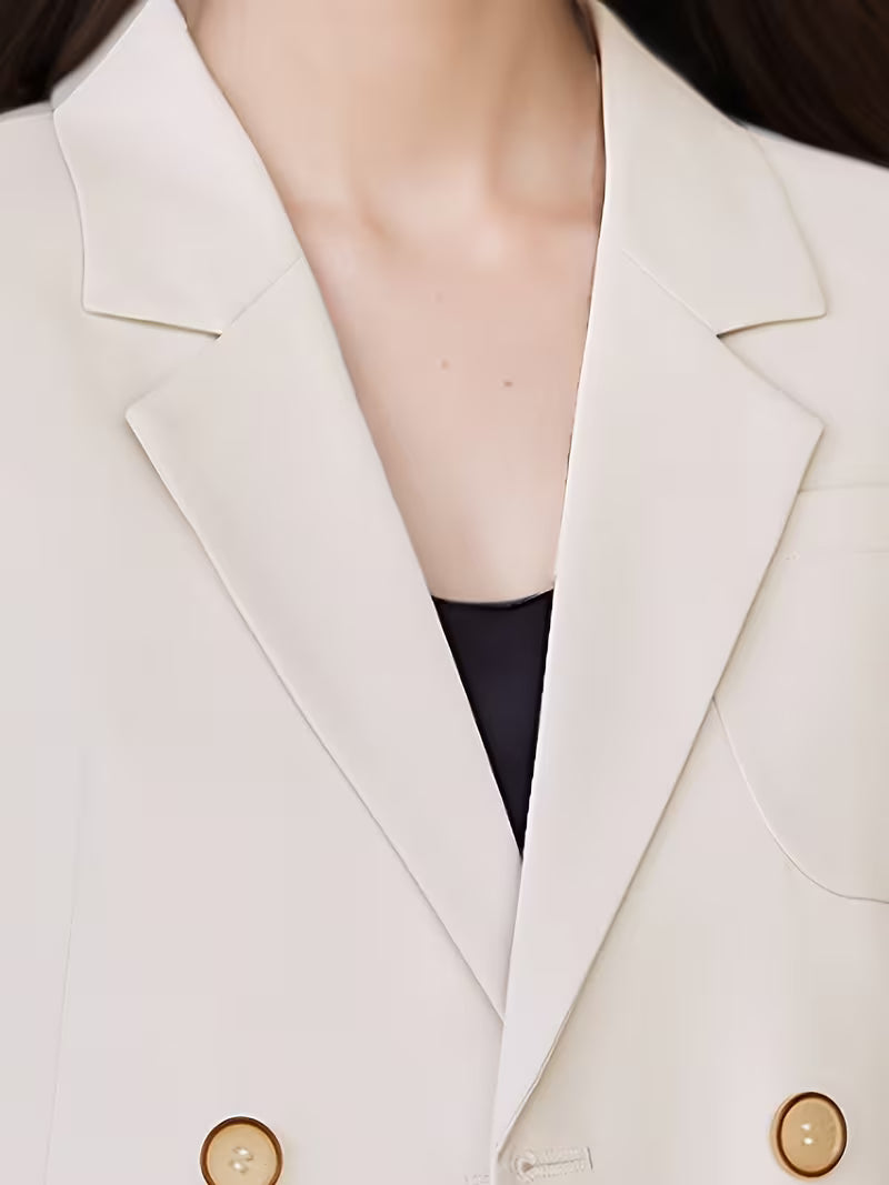 Elegant Short Double-Breasted Blazer and Pants Set for Women, Fashionable Notch Lapel Suit