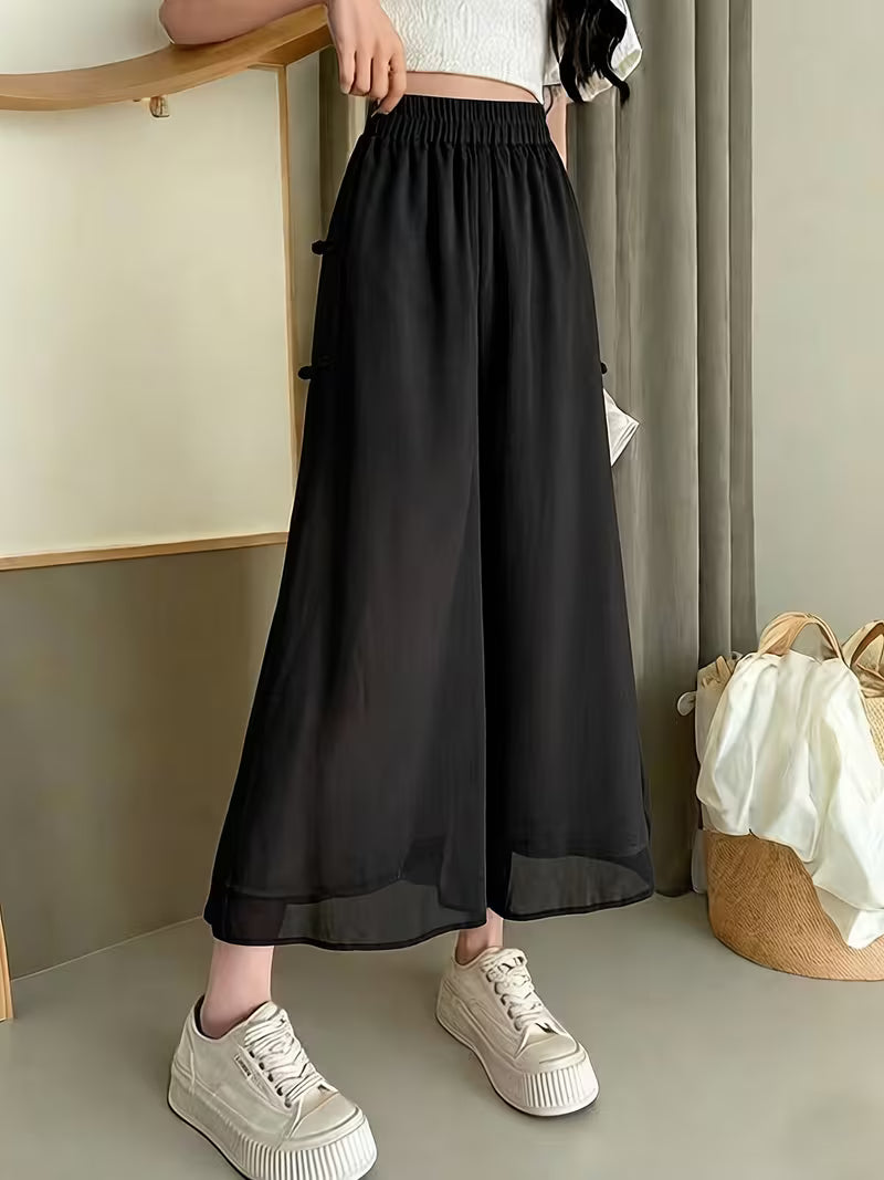 New Chinese Style Chiffon Wide-Leg Pants for Women, Loose-Fitting, Nine-Point Casual Trousers, Lightweight And Flowing Fairy Skirt Pants