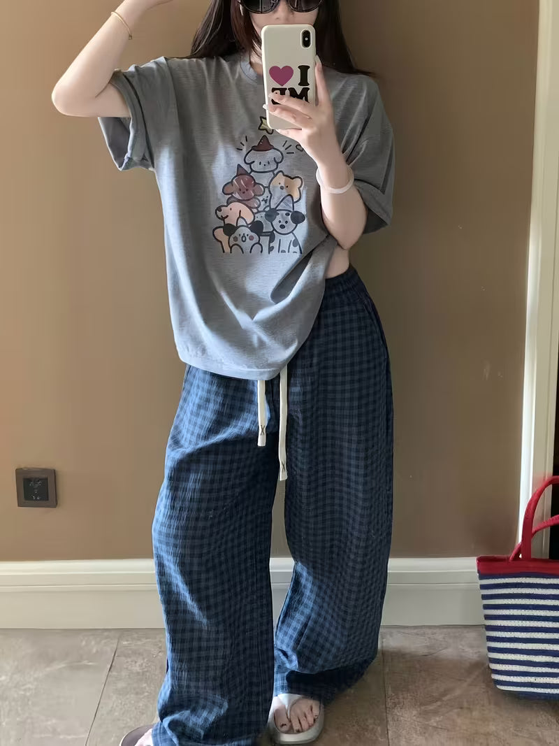 New Spring/Autumn Thin Plaid Pajama Pants, High-End Wide-Leg Design for Outer Wear or Lounging