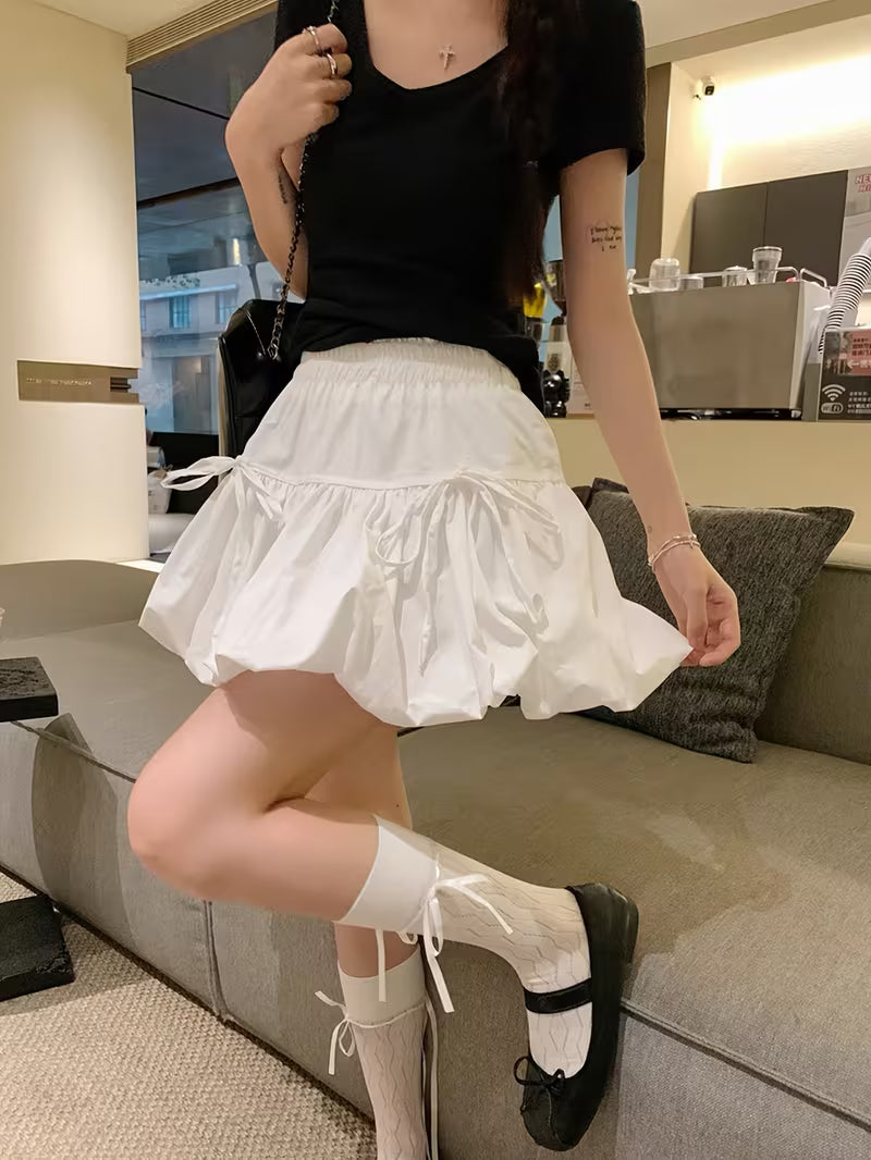 In-stock Designer Bow-Tie Strap Bud Pleat Fluffy Cake Skirt, Summer Korean-Style Ballet-Inspired Elastic Waist Loose-Fit Versatile Anti-See-Through White Lantern Skort