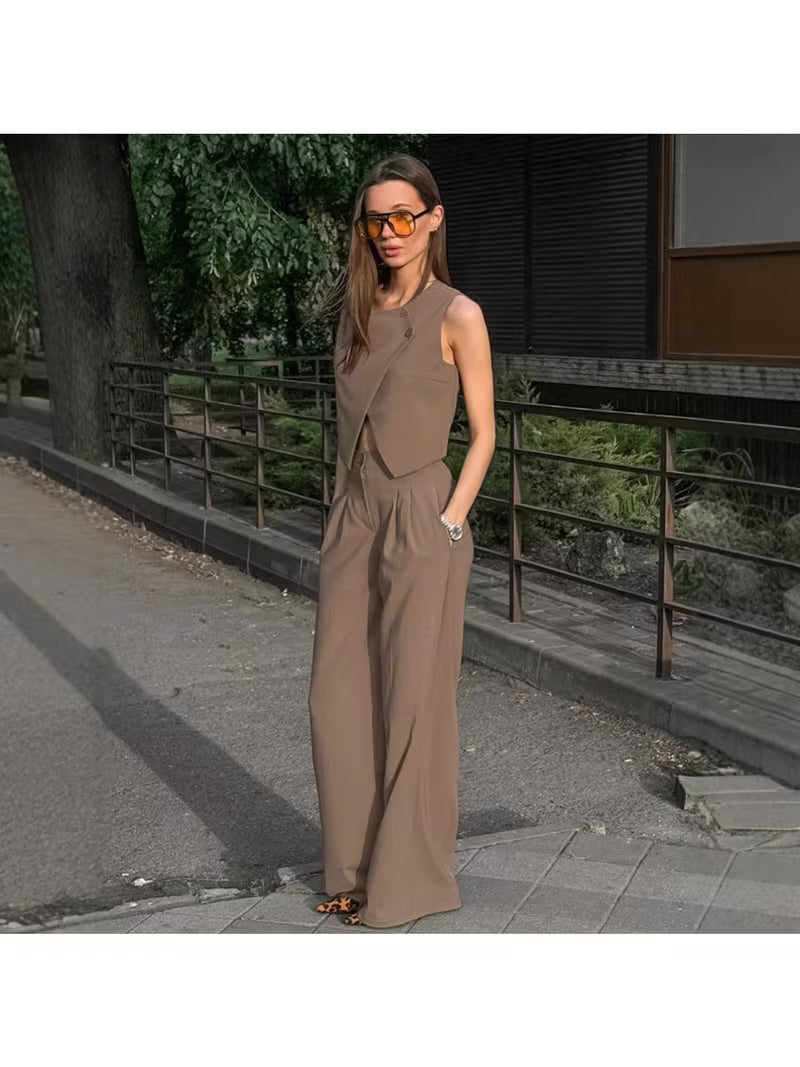 Fashion Khaki Vest and Pants Two-Piece Set for Women 2026 Spring New Arrival Stylish Design Set