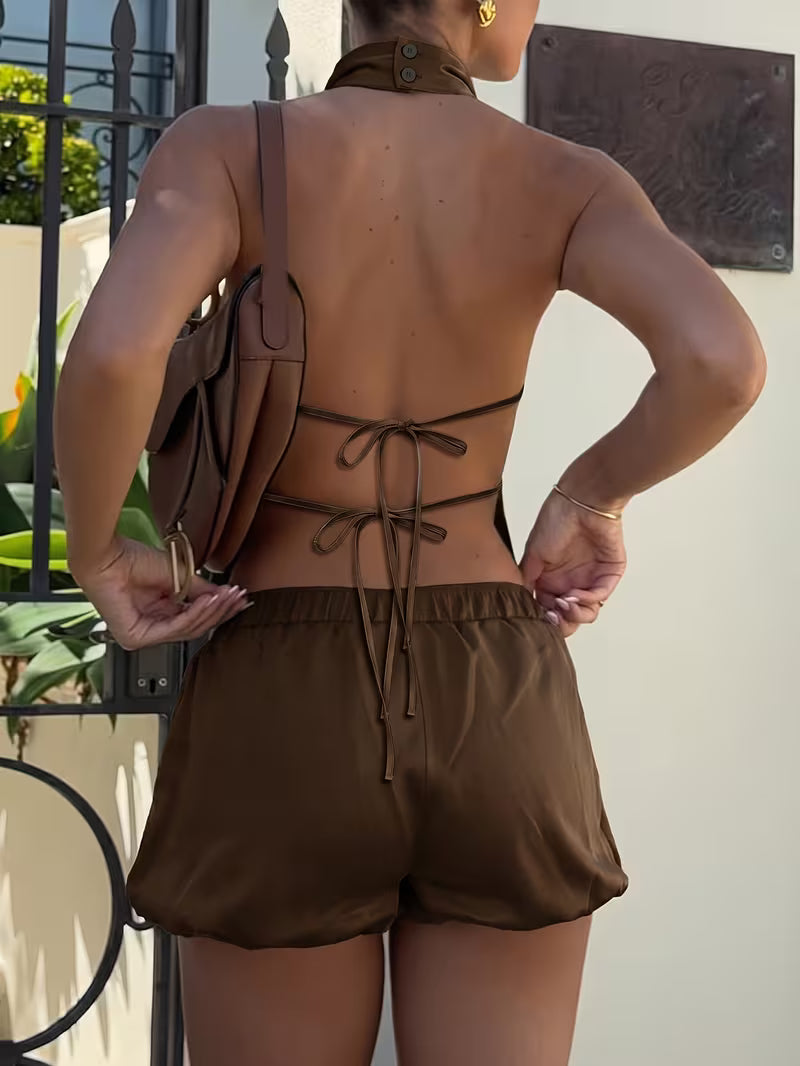 Pure Desire Satin Halter High-Neck Jumpsuit New Waist-Cinching Bloomers Hot Set