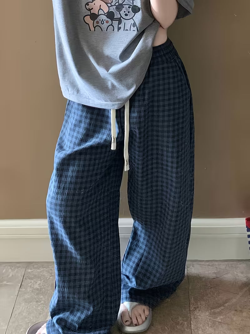 New Spring/Autumn Thin Plaid Pajama Pants, High-End Wide-Leg Design for Outer Wear or Lounging