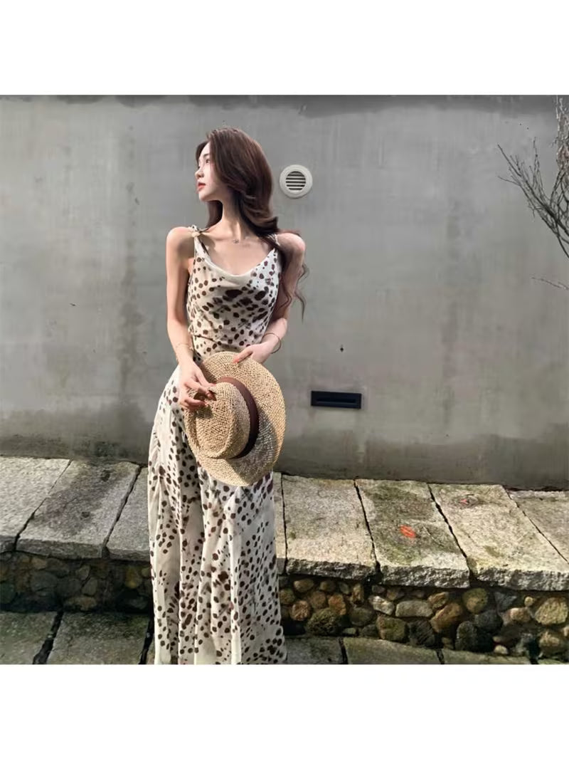 Summer French Swing-neck Suspender Dress, Printed High-waisted Hip-wrapped Fishtail Dress, Long Women's Dress with Drape Temperament