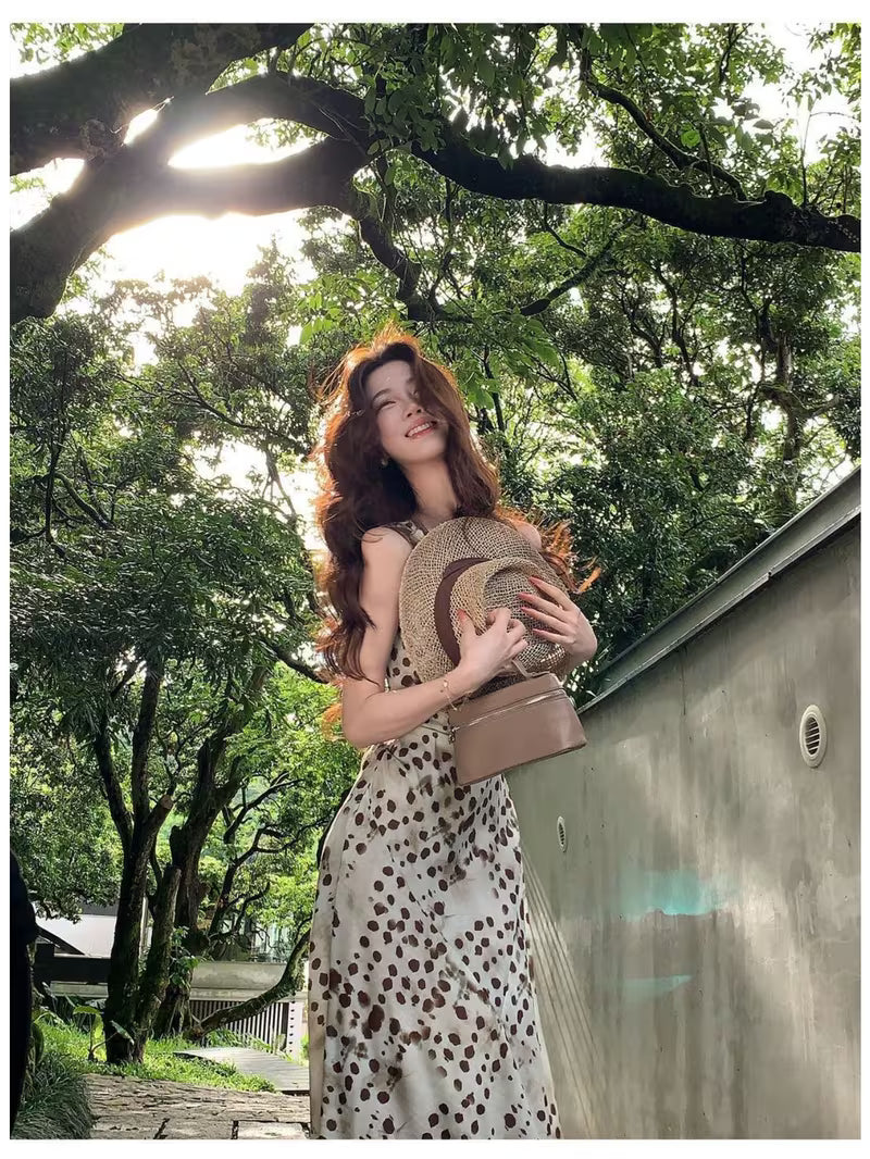 Summer French Swing-neck Suspender Dress, Printed High-waisted Hip-wrapped Fishtail Dress, Long Women's Dress with Drape Temperament