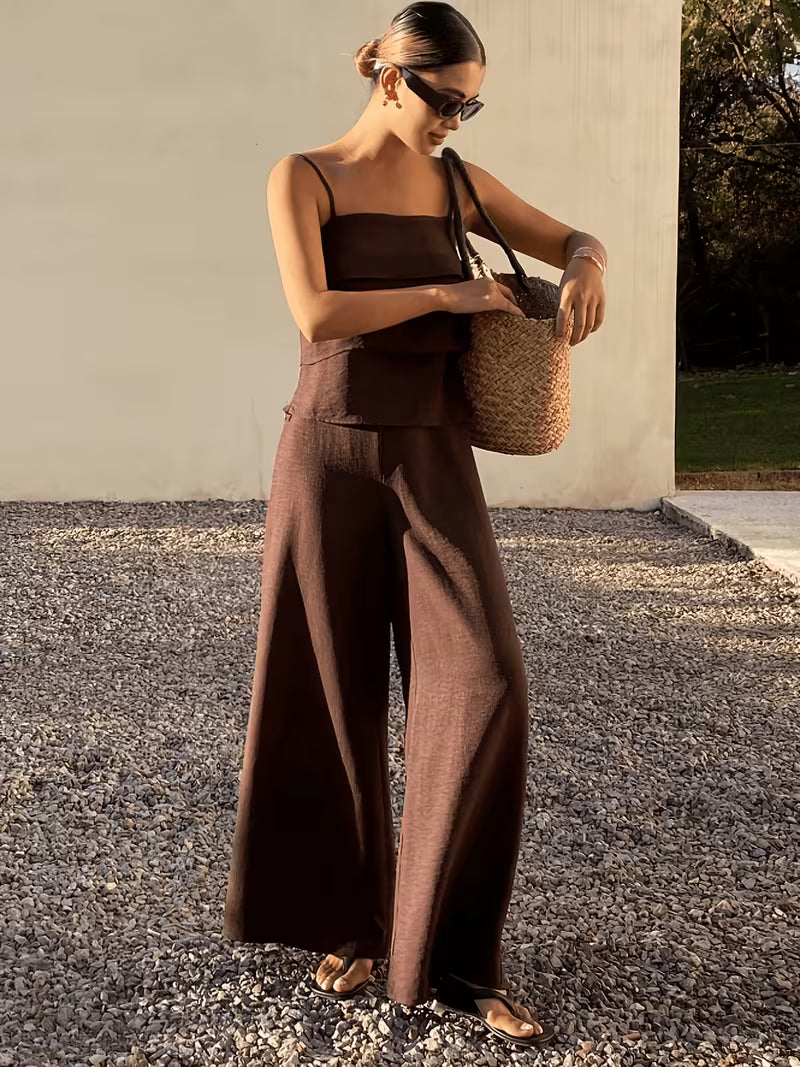 Women's Elegant Maillard Style Brown Crop Top with Straps and High-Waist Wide-Leg Pants 2pcs Set