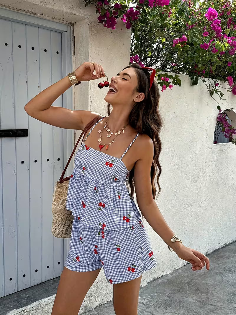 2pcs Women'S Plaid Cherry Print Ruched Cami And Short Set