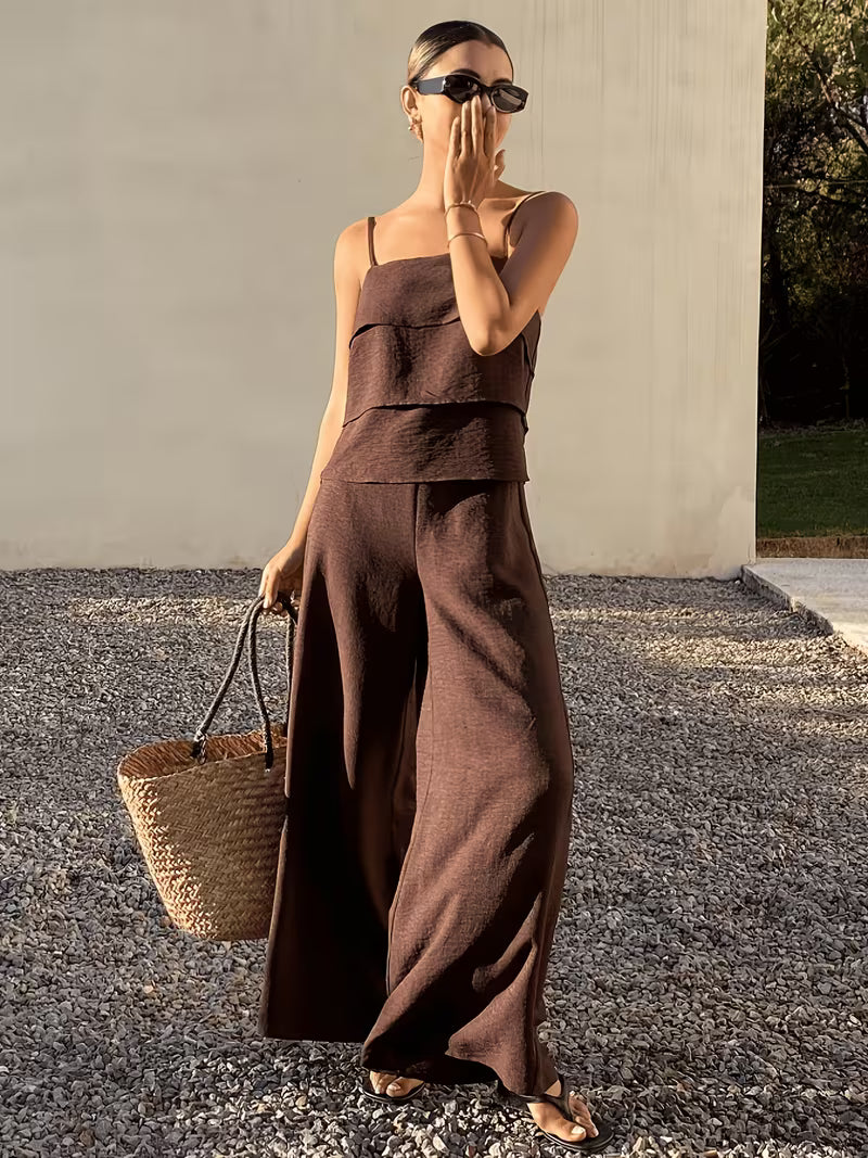 Women's Elegant Maillard Style Brown Crop Top with Straps and High-Waist Wide-Leg Pants 2pcs Set