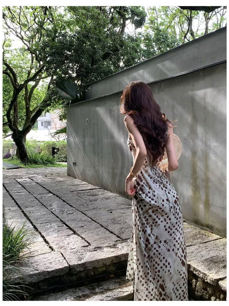 Summer French Swing-neck Suspender Dress, Printed High-waisted Hip-wrapped Fishtail Dress, Long Women's Dress with Drape Temperament