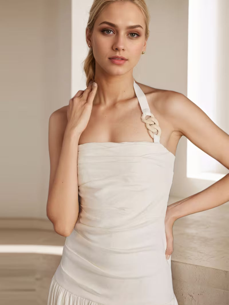 Summer New Women'S Fashionable Elegant Wide Strap Halter Neck Sleeveless Backless Long Dress