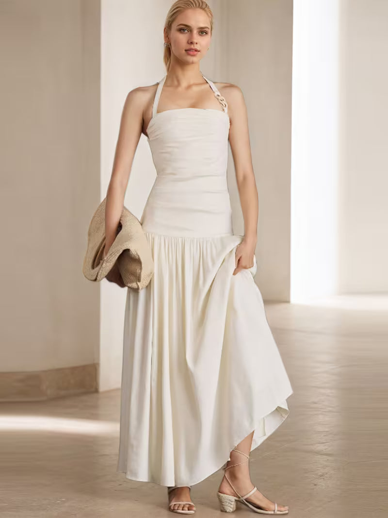 Summer New Women'S Fashionable Elegant Wide Strap Halter Neck Sleeveless Backless Long Dress