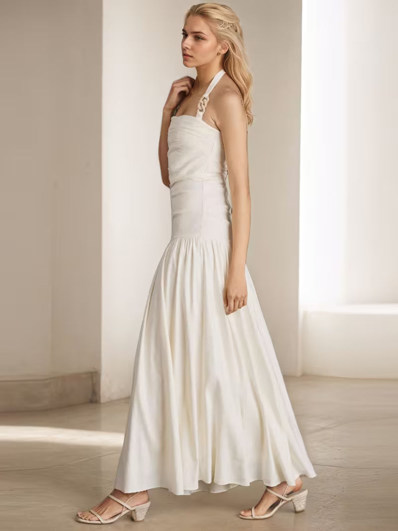 Summer New Women'S Fashionable Elegant Wide Strap Halter Neck Sleeveless Backless Long Dress