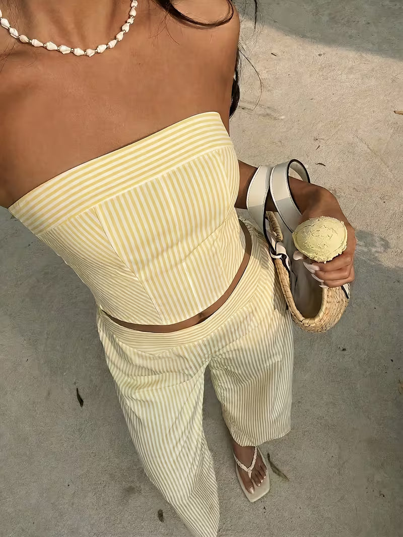 Yellow Striped Bandeau Top and High-Waist Leggings Set, Fashionable and Versatile Street Style Vacation Outfit