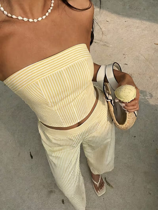 Yellow Striped Bandeau Top and High-Waist Leggings Set, Fashionable and Versatile Street Style Vacation Outfit