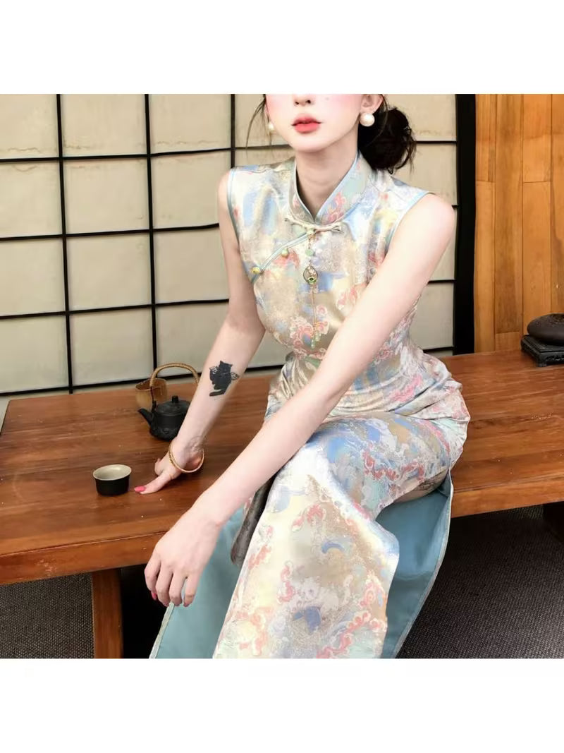 Original New Design Slim-Fit Sleeveless Modified Cheongsam Dress with Waist-Cinching And Hip-Hugging Design
