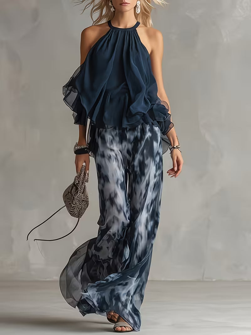 Casual Chiffon Urban Deep Sea Blue Cami Top with Printed Wide-Leg Pants Women's 2pcs Set