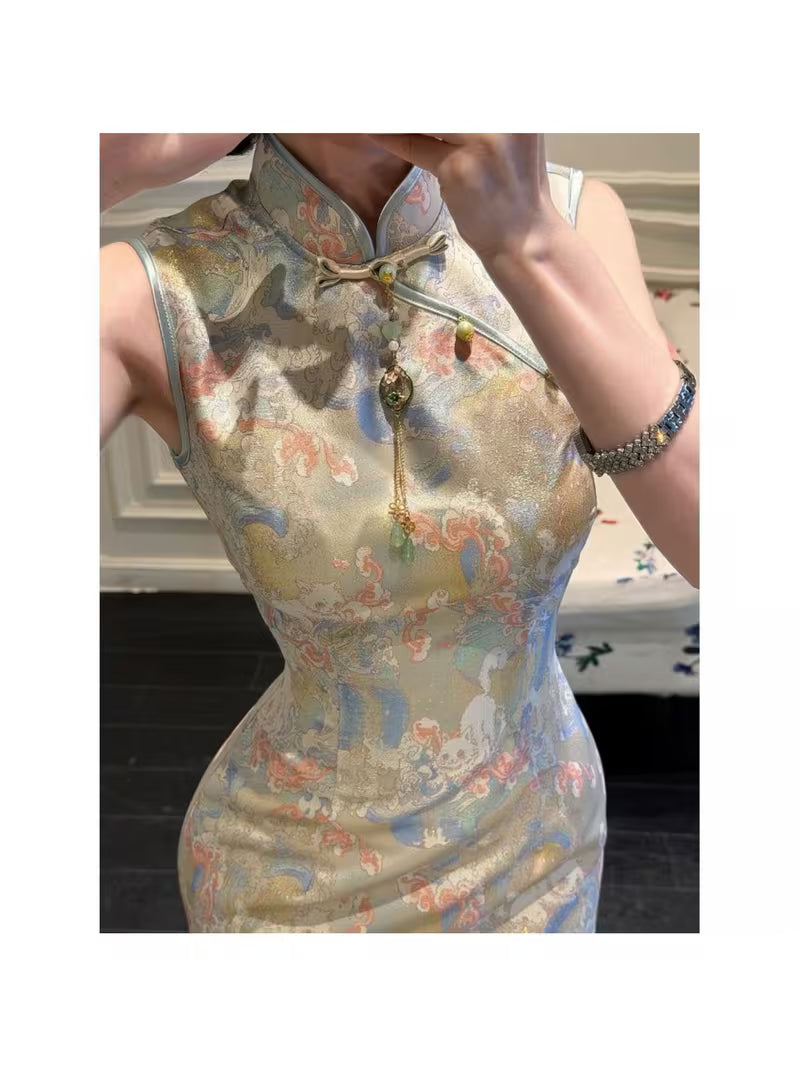 Original New Design Slim-Fit Sleeveless Modified Cheongsam Dress with Waist-Cinching And Hip-Hugging Design