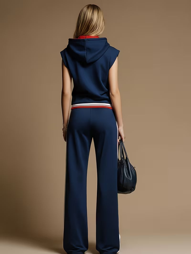 Navy Sleeveless Hooded Sweatshirt Set with Ribbed Hem, Side Stripe Wide-Leg Pants, Retro Casual Two-Piece