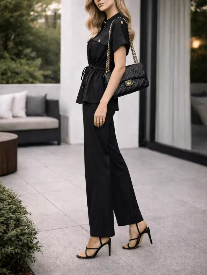 Women Lapel Cap Sleeve Drawstring Waist Top Wide Leg Pants 2pcs Set Workwear Style Commute Casual Outfit
